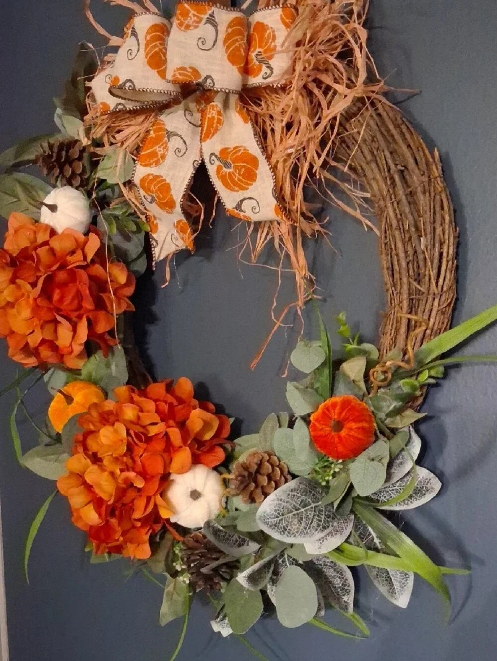 Decorative Autumn Floral Wreath with Orange Bow - Home Accents